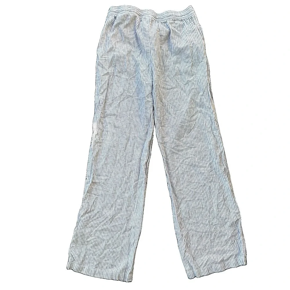 H&M Linen Blend Blue White Pinstripe Wide Leg Pants Small Casual Coastal Resort